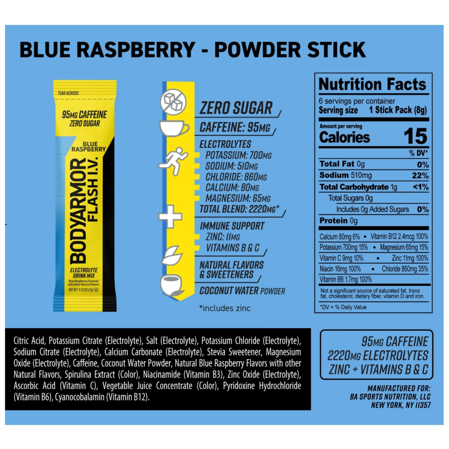 slide 4 of 4, BODYARMOR Zero Sugar Caffeine Blue Raspberry Flash IV Pouches - 6 ct, 6 ct, 0.26 oz