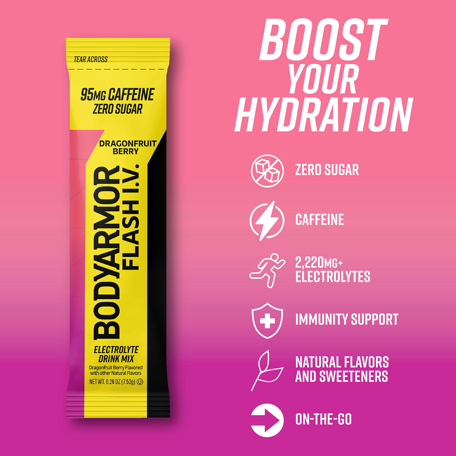 slide 2 of 4, BODYARMOR Zero Sugar Caffeine Dragonfruit Berry Flash IV Drink Pouches, 6 ct, 0.26 oz