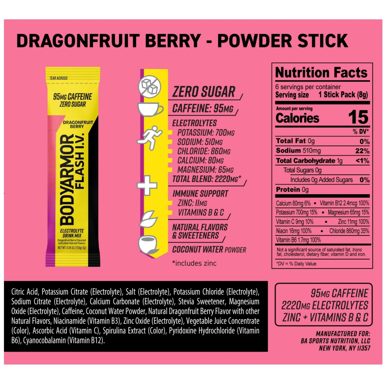 slide 4 of 4, BODYARMOR Zero Sugar Caffeine Dragonfruit Berry Flash IV Drink Pouches, 6 ct, 0.26 oz