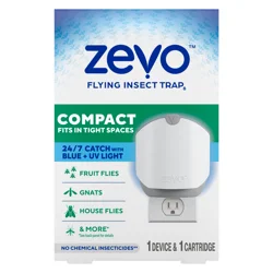 Zevo Compact Flying Insect Indoor Fly Trap: Easy, Mess-Free Solution For Tight Spaces - Light Trap Catches & Kills House Flies, Fruit Flies, Gnats, & More (1 Plug In Device & 1 Refill Cartridge)