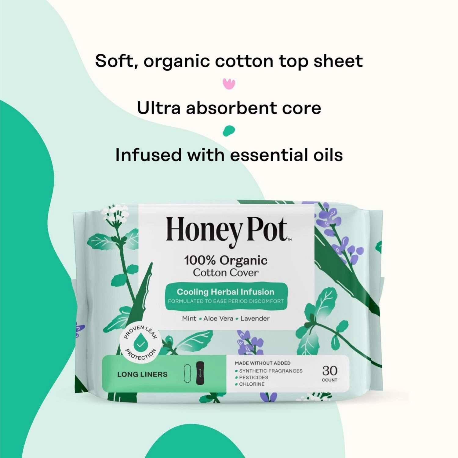 slide 6 of 8, The Honey Pot Company The Honey Pot Organic Top Sheet Herbal Long Liners, 30 ct
