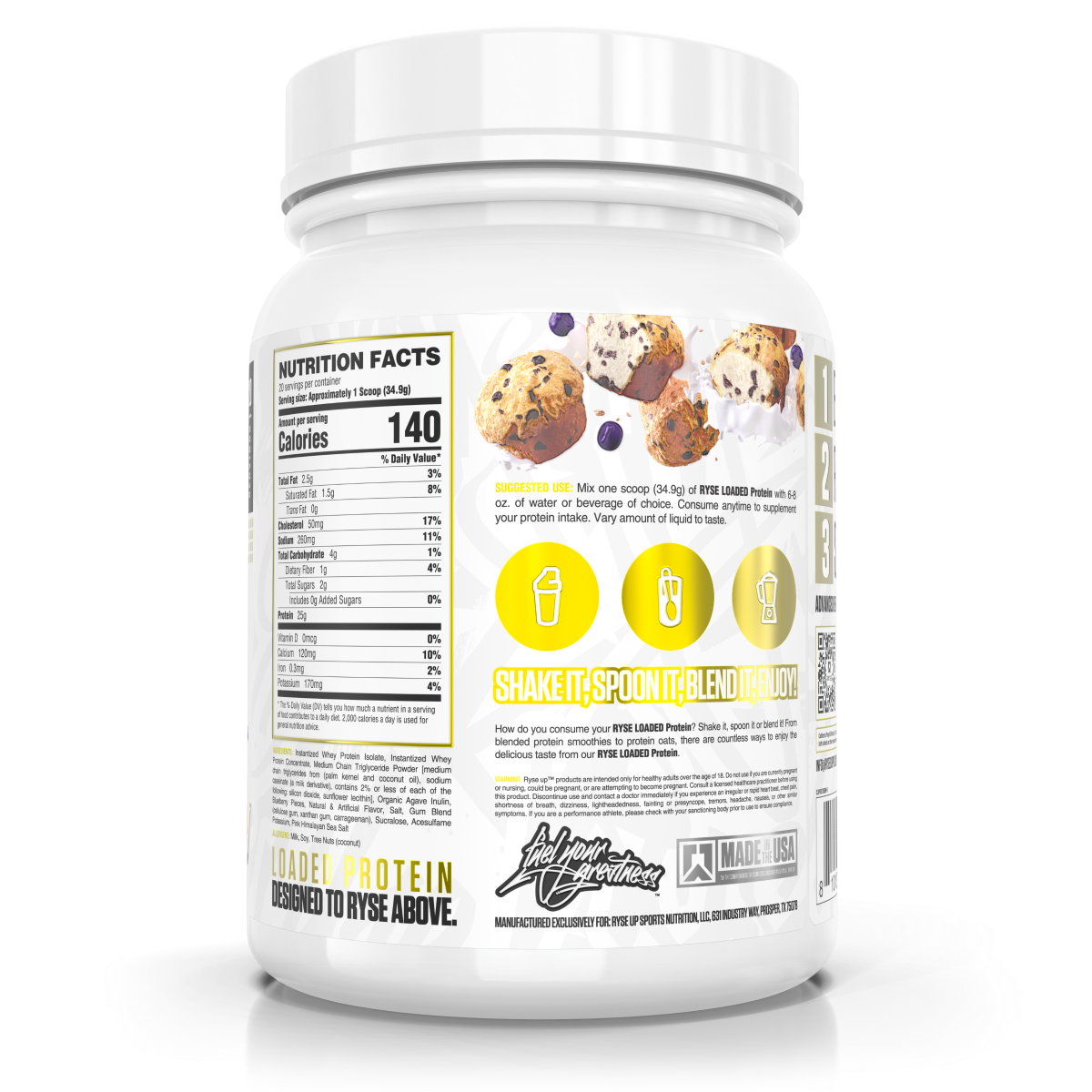 slide 2 of 3, Ryse Loaded Protein, Premium Whey Protein with MCTS, Blueberry Muffin 24.6oz, 20 Servings, 24.6 oz, 20 servings