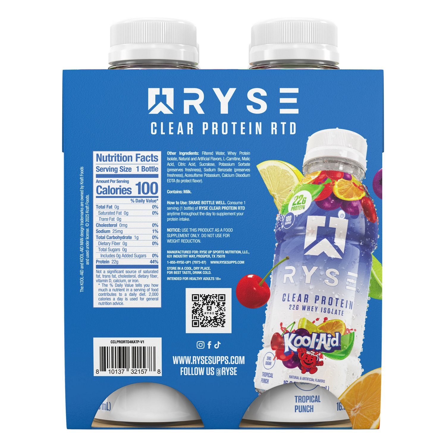 slide 2 of 3, Ryse Zero Sugar Kool-Aid Tropical Punch Protein Drink 4 - 16.9 fl oz Bottles, 16.9 oz