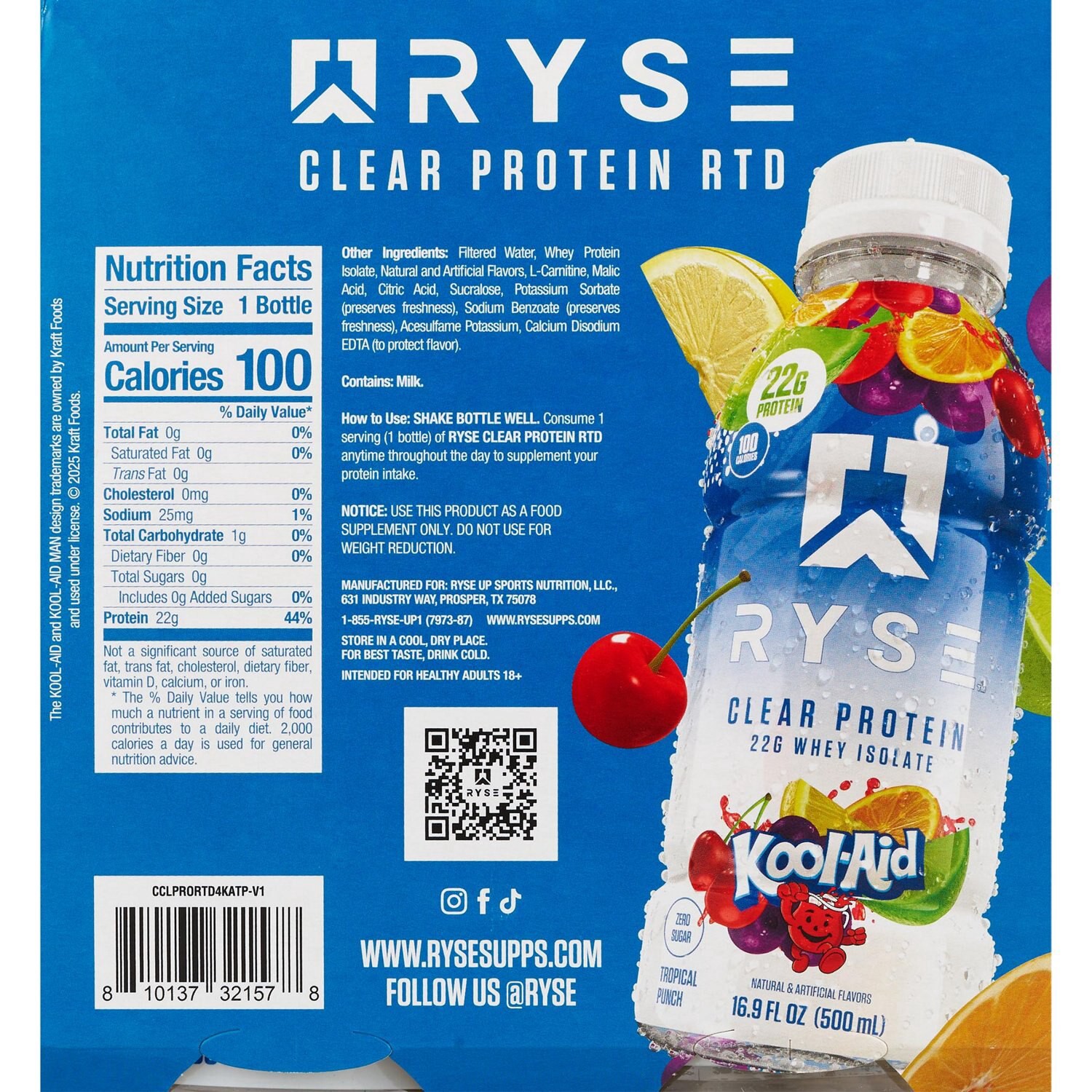 slide 3 of 3, Ryse Zero Sugar Kool-Aid Tropical Punch Protein Drink 4 - 16.9 fl oz Bottles, 16.9 oz