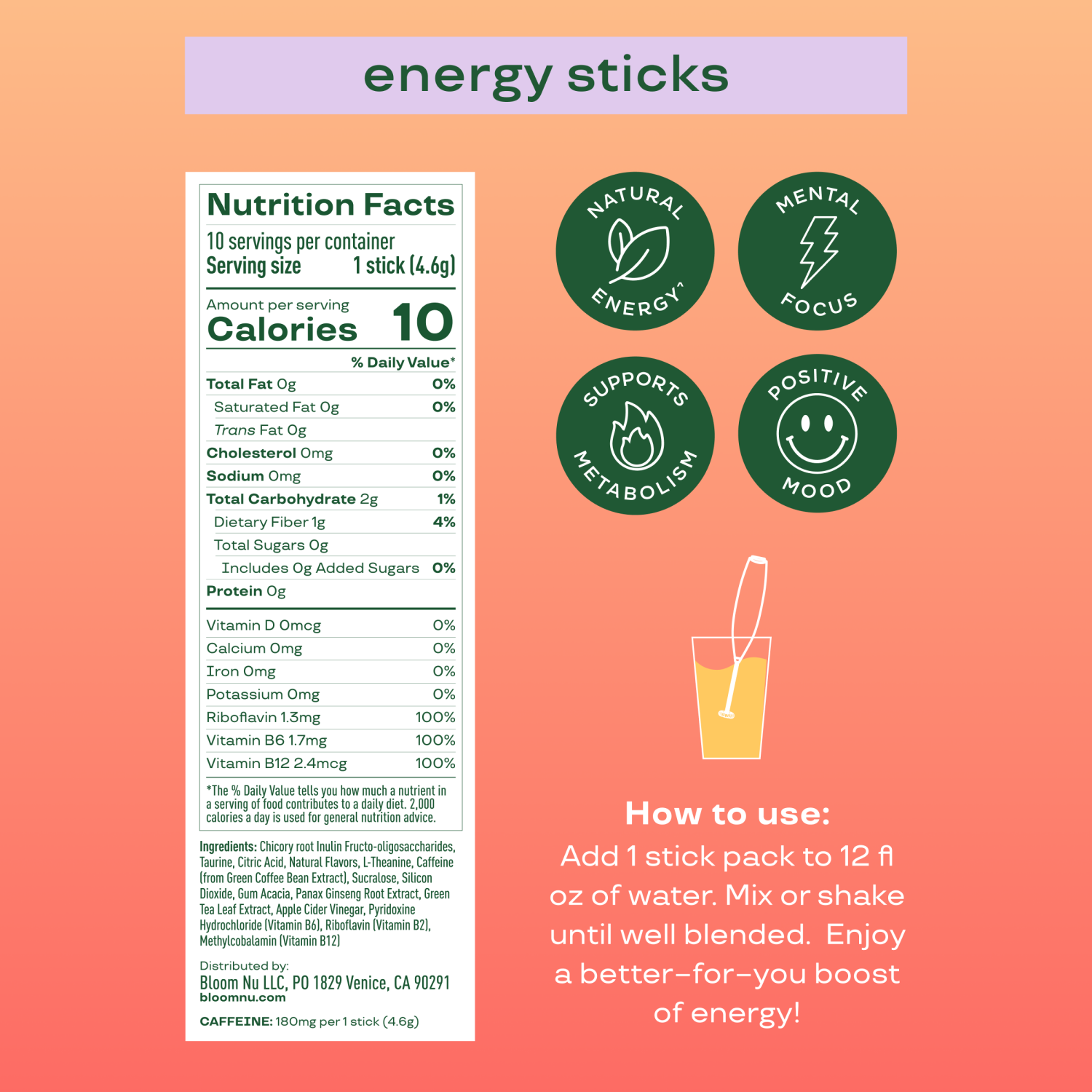 slide 3 of 3, "bloom Energy Peach Mango Sticks 10ct, 10 ct