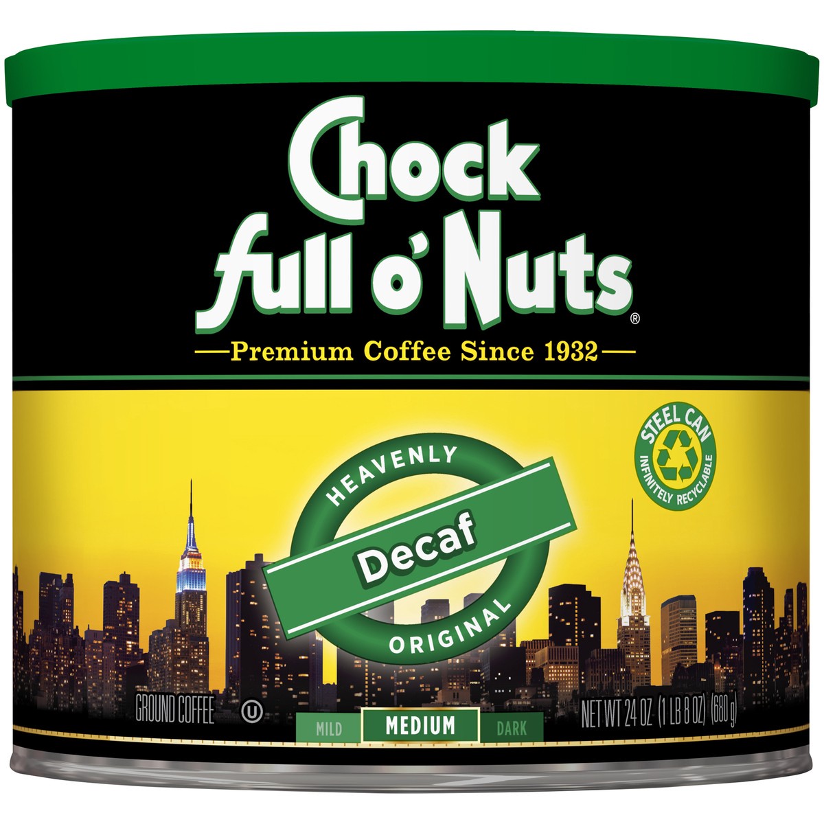 slide 2 of 7, Chock Full O' Nuts Heavenly Original Medium Roast Decaf Ground Coffee 24 oz. Canister, 24 oz