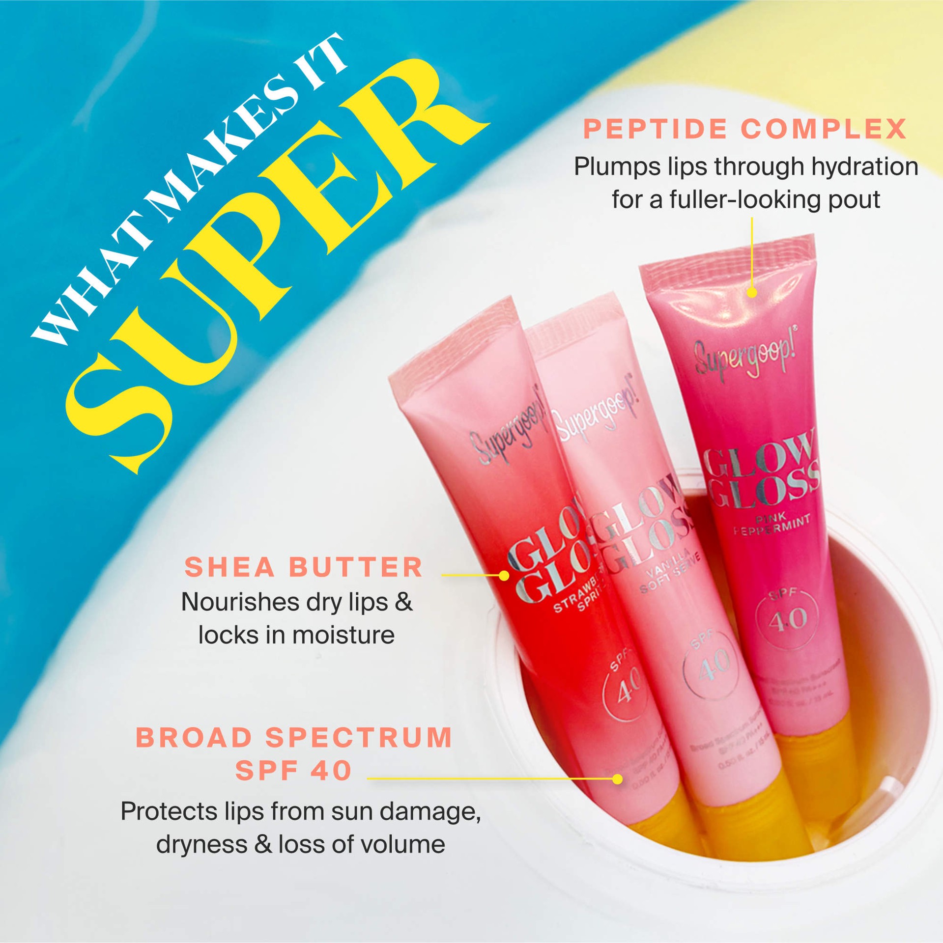 slide 7 of 9, Supergoop! Glow Gloss SPF 40 Lip Balm with Peptides and Shea Butter Vanilla Soft Serve, 0.5 oz/15 ml