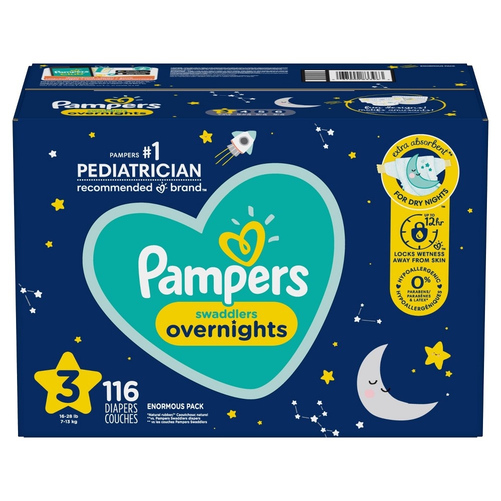 slide 5 of 7, Pampers Swaddlers Overnights Diapers Enormous Pack - Size 3 - 116ct, 116 ct