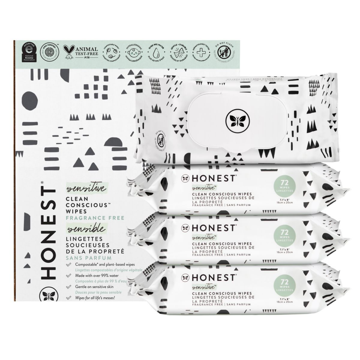 slide 1 of 8, Honest Sensitive Clean Conscious Fragrance Free Wipes 4 - 72 Wipe Packs, 4 ct