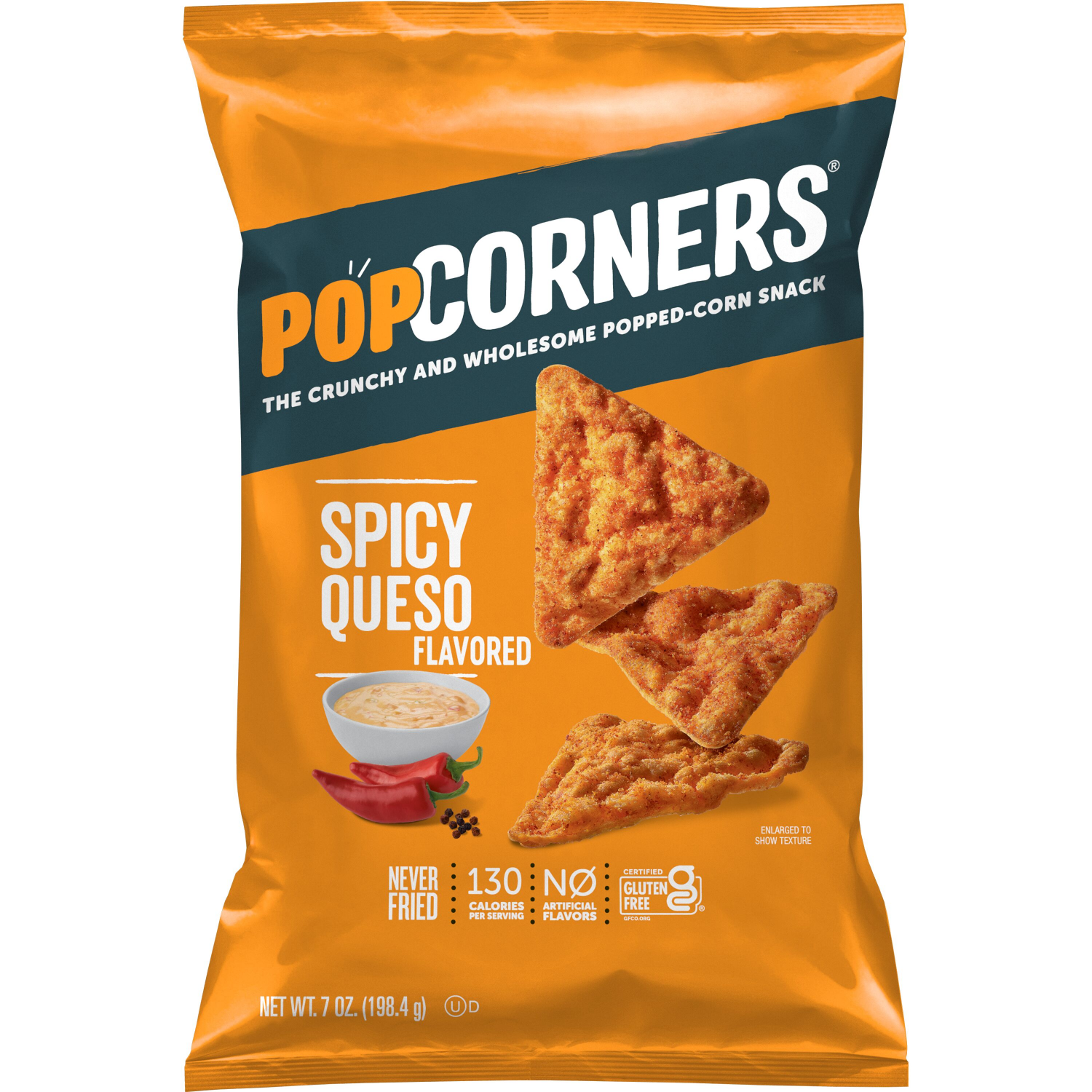 slide 1 of 3, PopCorners The Crunchy And Wholesome Popped-Corn Snack Spicy Queso Flavored 7 Oz, 7 oz