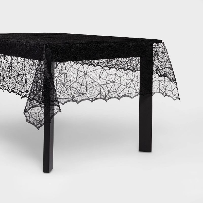 slide 1 of 3, 60"x84" Lace Halloween Tablecloth - Hyde and EEK! Boutique™: Eerie Cobweb Design, Polyester Fabric, Festive Dining Decor, 1 ct