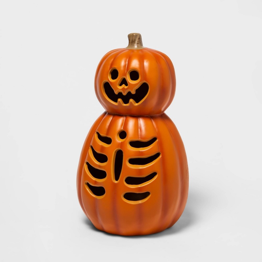 slide 3 of 3, Lit Double Stack Pumpkin with Skeleton Halloween Decorative Prop - Hyde & EEK! Boutique, 1 ct