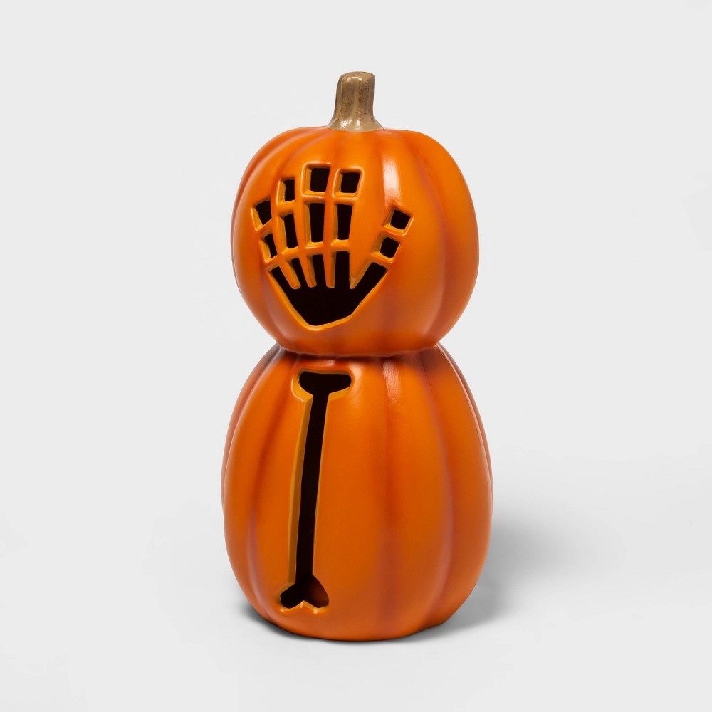 slide 3 of 3, Lit Double Stack Pumpkin with Skeleton Hand Halloween Decorative Prop - Hyde & EEK! Boutique, 1 ct