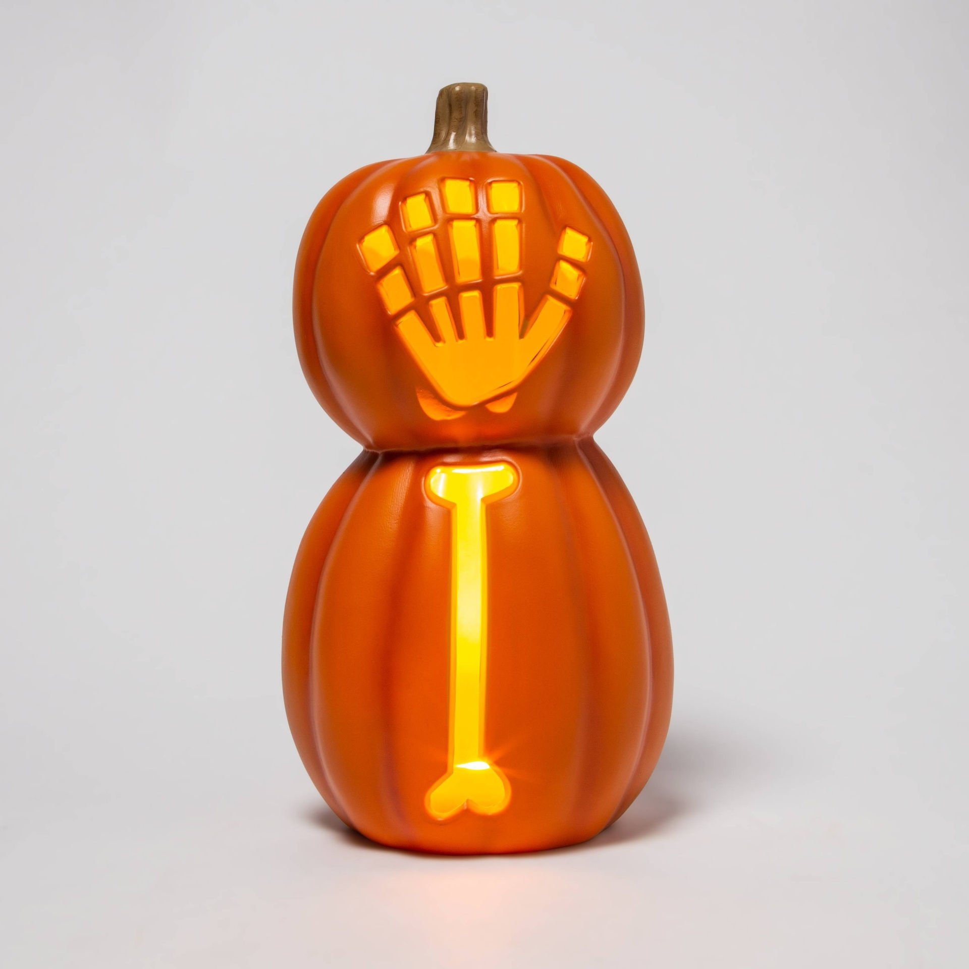 slide 1 of 3, Lit Double Stack Pumpkin with Skeleton Hand Halloween Decorative Prop - Hyde & EEK! Boutique, 1 ct