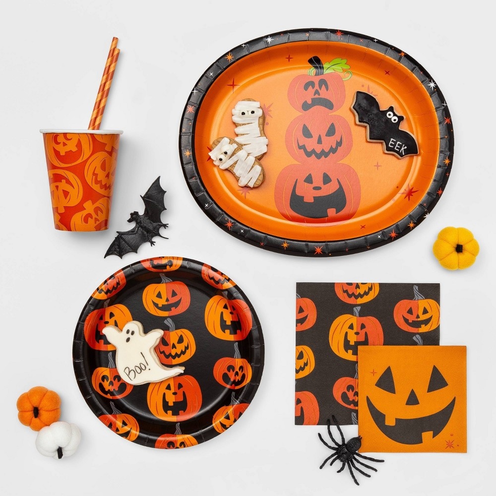 slide 3 of 3, 30ct Orange/Black Disposable Pumpkin Face Halloween Beverage Napkins - Hyde & EEK! Boutique, 30 ct
