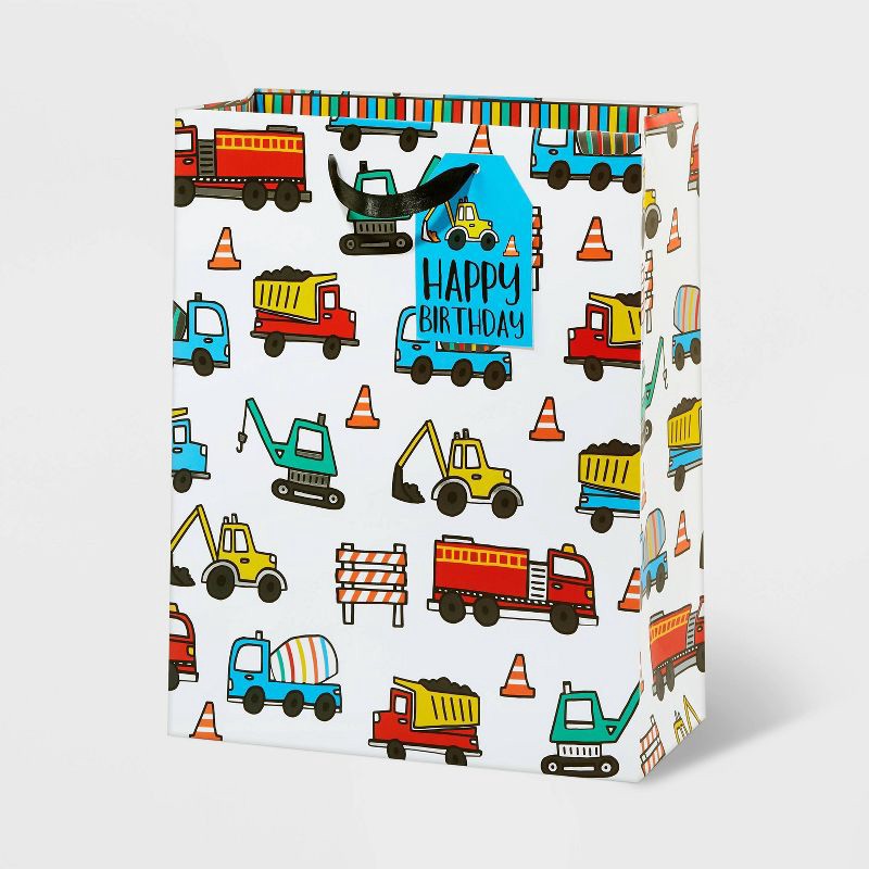 slide 1 of 3, Medium OB Construction Gift Bag - Spritz™: Birthday Kids Boys Multicolor Vehicle Pattern 12.75"x10"x5", 1 ct