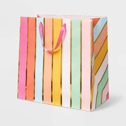 Large Square Foil Striped Gift Bag Colorful - Spritz™: Multicolor, Birthday, XL, Paper, Stripe Pattern, 15"x15"x8"