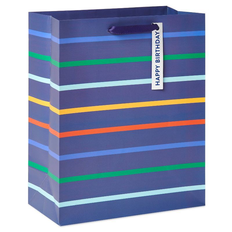 slide 1 of 3, Medium 'Happy Birthday' Striped Gift Bag Purple - Spritz™: Paper, 9.75" Height, 7.75" Width, Birthday Gift Bags, 1 ct