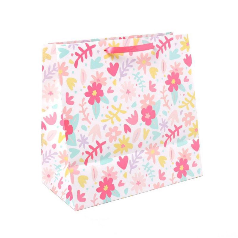 slide 3 of 4, Square Floral Gift Bag with Glitter - Spritz™: Multicolor Botanical Birthday Medium Gift Bag, 1 ct