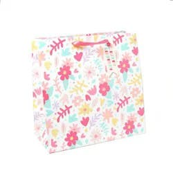 Square Floral Gift Bag with Glitter - Spritz™: Multicolor Botanical Birthday Medium Gift Bag