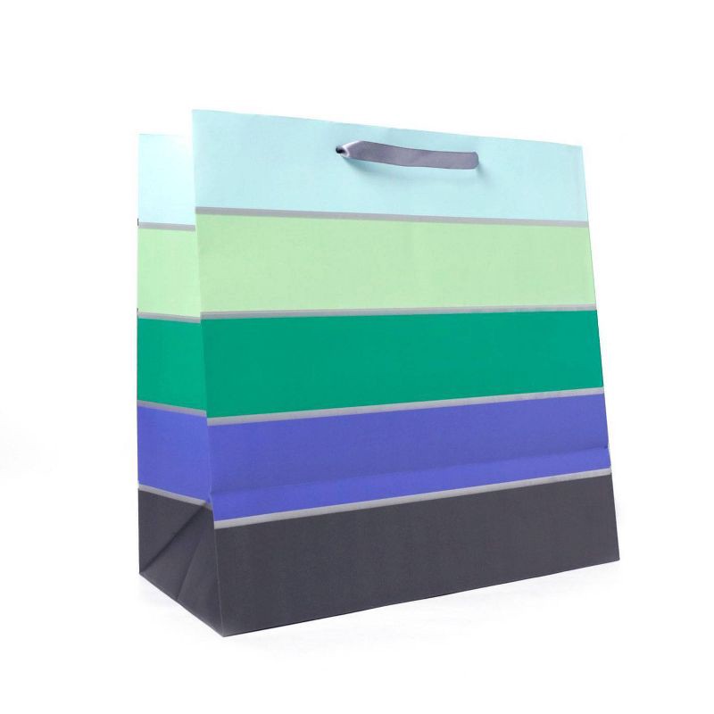slide 3 of 3, Square Simple Striped Gift Bag with Foil Green/Blue/Black - Spritz™: Large Birthday & Father's Day Bag, 15"x15"x8", 1 ct