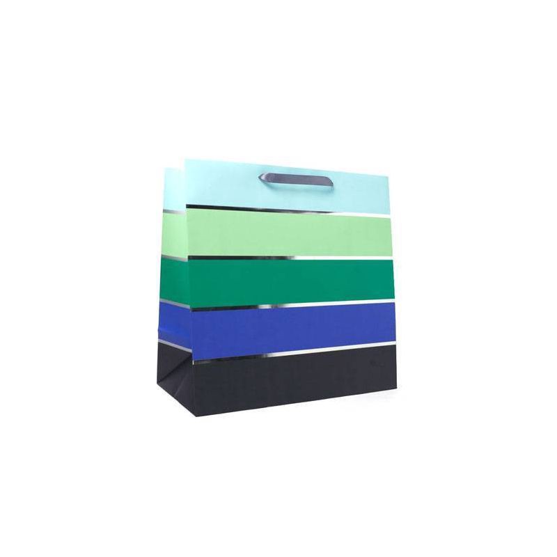 slide 1 of 3, Square Simple Striped Gift Bag with Foil Green/Blue/Black - Spritz™, 1 ct