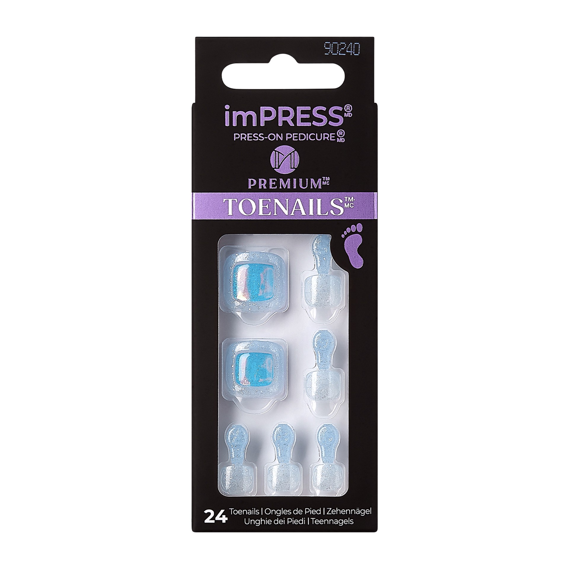 slide 1 of 5, imPRESS Premium Press-On Toenails, No Glue Needed, Aurora Ice, Blue Square, 27 Ct., 28 pc