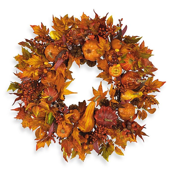 slide 1 of 1, Nearly Natural Harvest Pumpkin Wreath - Red, 28 in