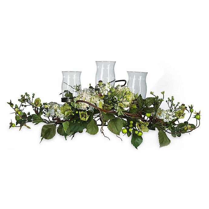 slide 1 of 1, Nearly Natural Silk Hydrangea Triple Candelabrum Centerpiece - Cream, 1 ct