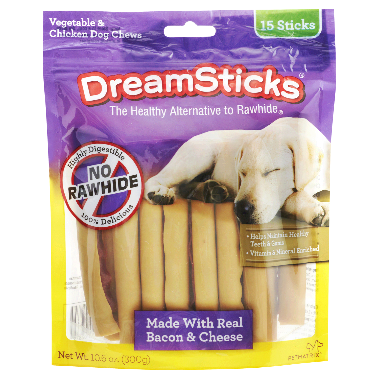 slide 1 of 4, DreamBone DreamSticks With Real Bacon And Cheese 15 Count, Rawhide-Free Chews For Dogs, 0.66 lb