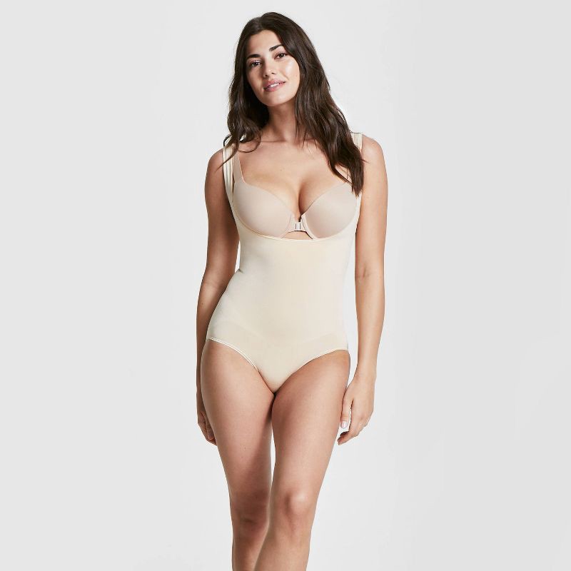 slide 1 of 3, ASSETS by SPANX Women's Remarkable Results Open-Bust Brief Bodysuit - Beige L: Maximum Control, Ultra Firm Compression, 1 ct