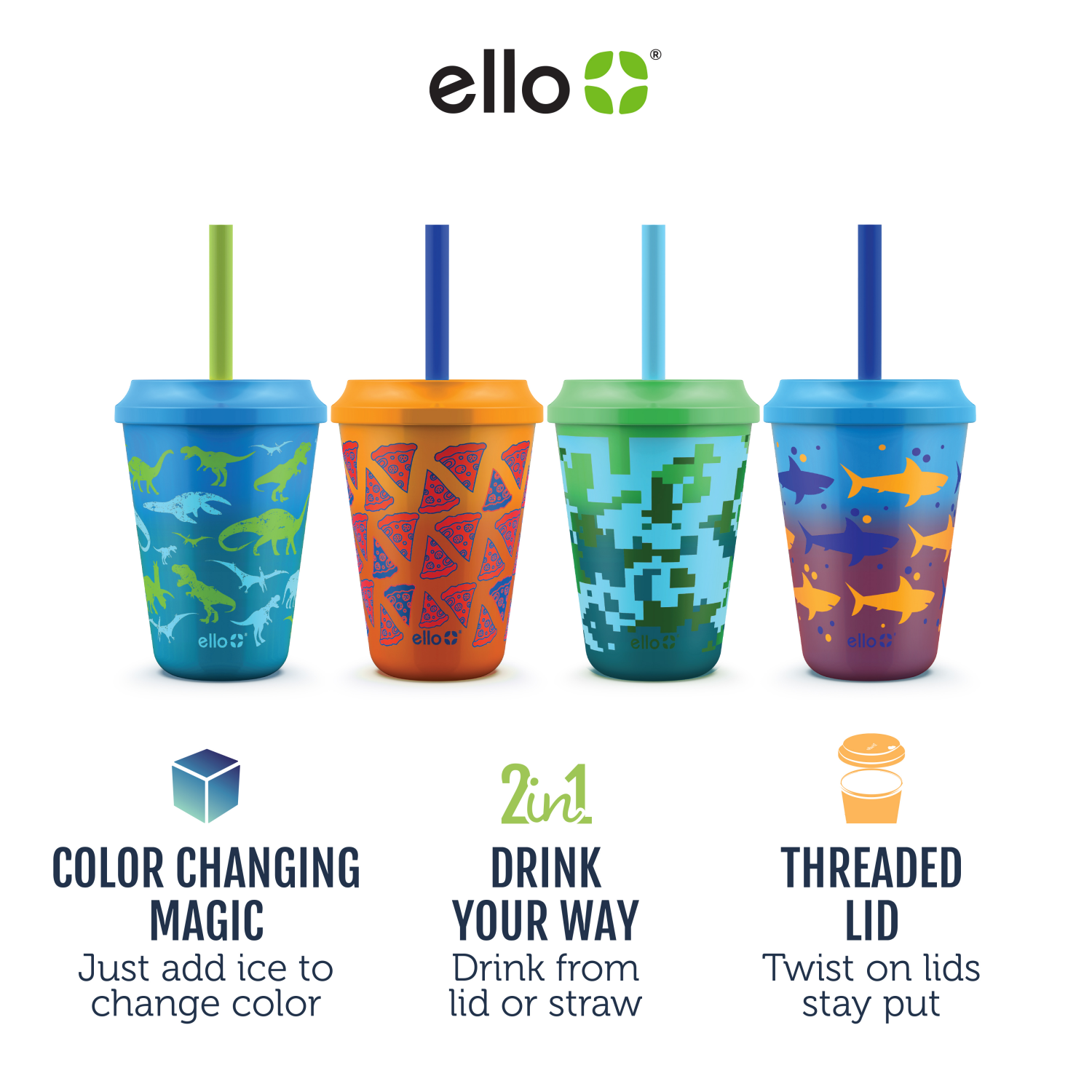 slide 2 of 3, Ello Plastic Chameleon Color Changing Cups With Twist on Lids, 4 ct; 12 oz