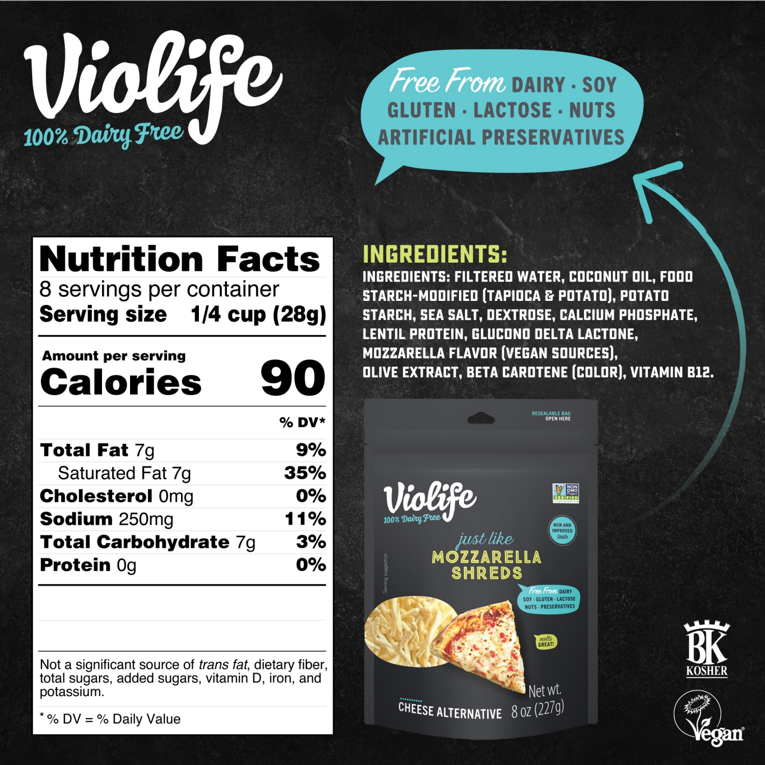slide 3 of 7, Violife Just Like Mozzarella Shreds Shredded Cheese, Dairy-Free Vegan 8 oz, 8 oz