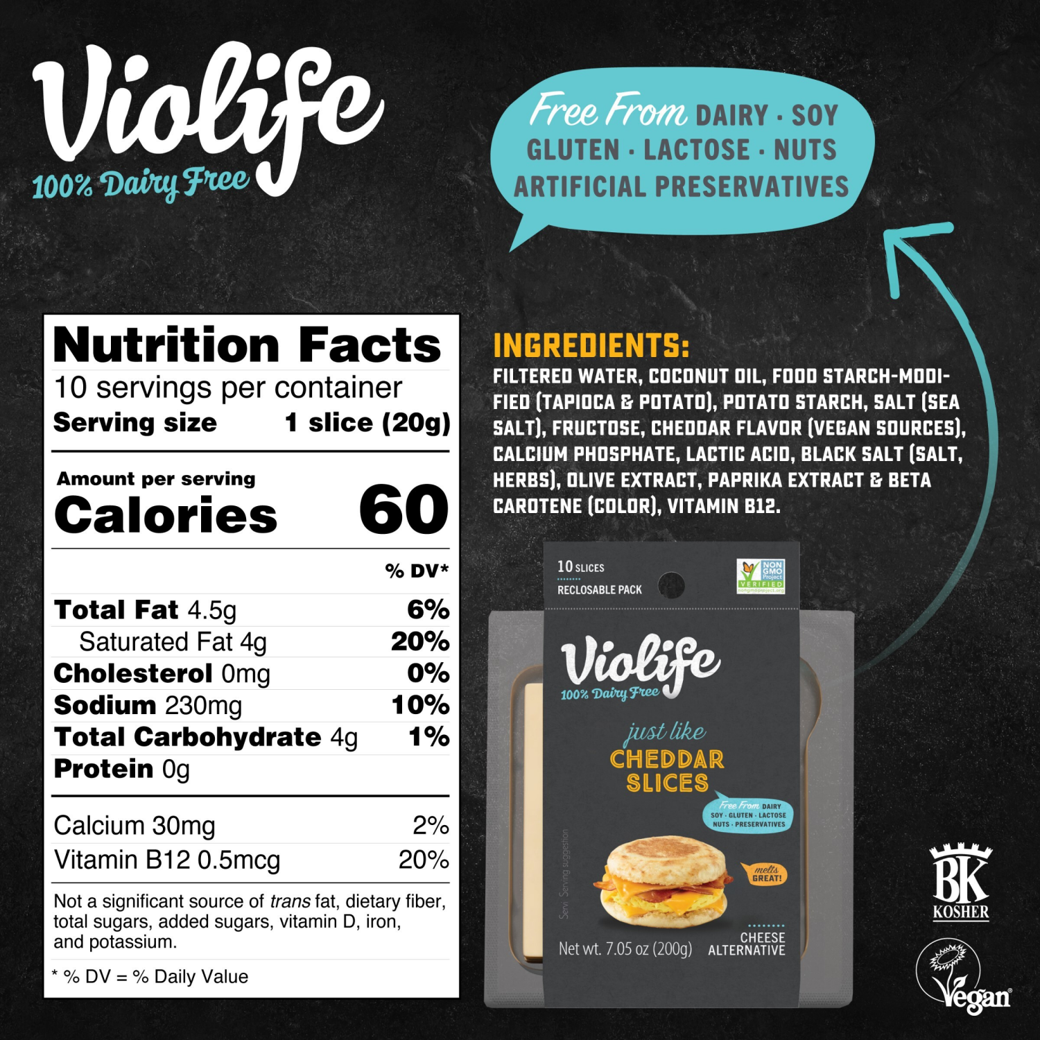 slide 3 of 7, Violife Just Like Cheddar Slices, Dairy-Free Vegan 7.05 oz, 10 ct