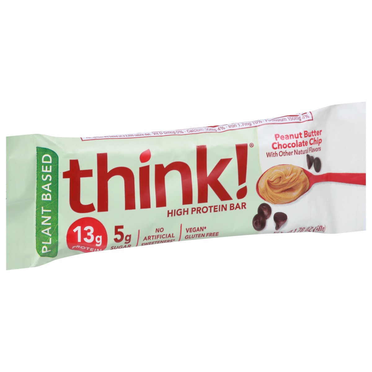 slide 2 of 9, thinkThin think! Plant-Based High Protein Bar - Peanut Butter Chocolate Chip, 1.76 oz