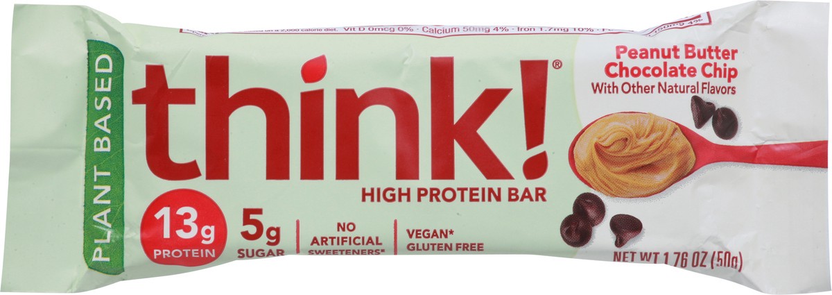 slide 6 of 9, thinkThin think! Plant-Based High Protein Bar - Peanut Butter Chocolate Chip, 1.76 oz