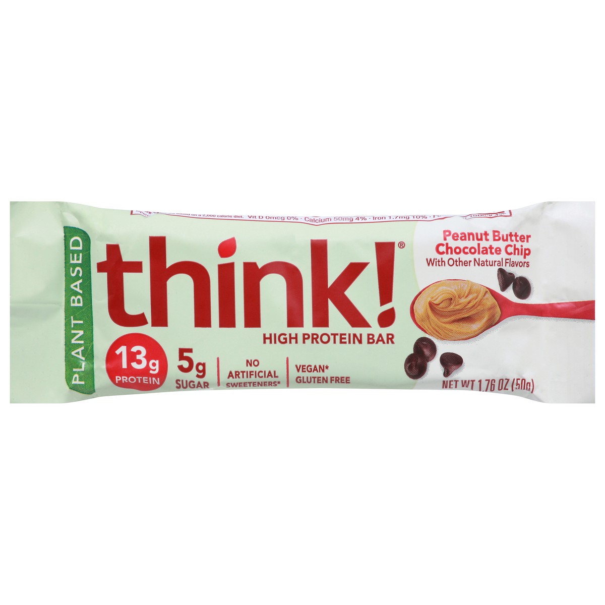 slide 1 of 9, thinkThin think! Plant-Based High Protein Bar - Peanut Butter Chocolate Chip, 1.76 oz