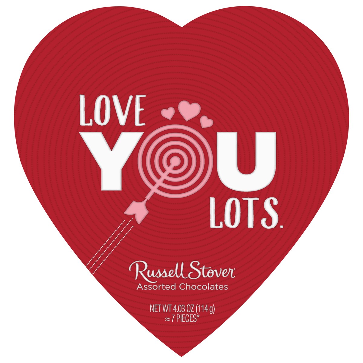slide 1 of 9, Russell Stover Valentine's Day Love You Lots Heart Assorted Milk & Dark Chocolate Gift Box, 4.03 oz. (˜ 7 pieces), 7 ct