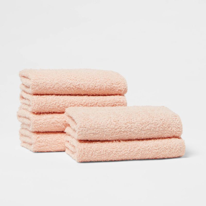 slide 1 of 4, 6pk Washcloth Set Light Peach - Room Essentials™: Cotton & Polyester, Terry Construction, Machine Washable, 6 ct