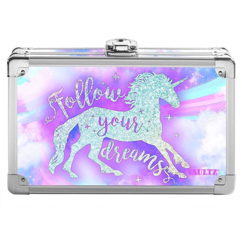 slide 1 of 2, Metal Pencil Box Sparkle Unicorn - Vaultz: Multicolor Metal Pencil Case for Girls with Clasp Closure, 8.5" x 5" x 2.5", 1 ct