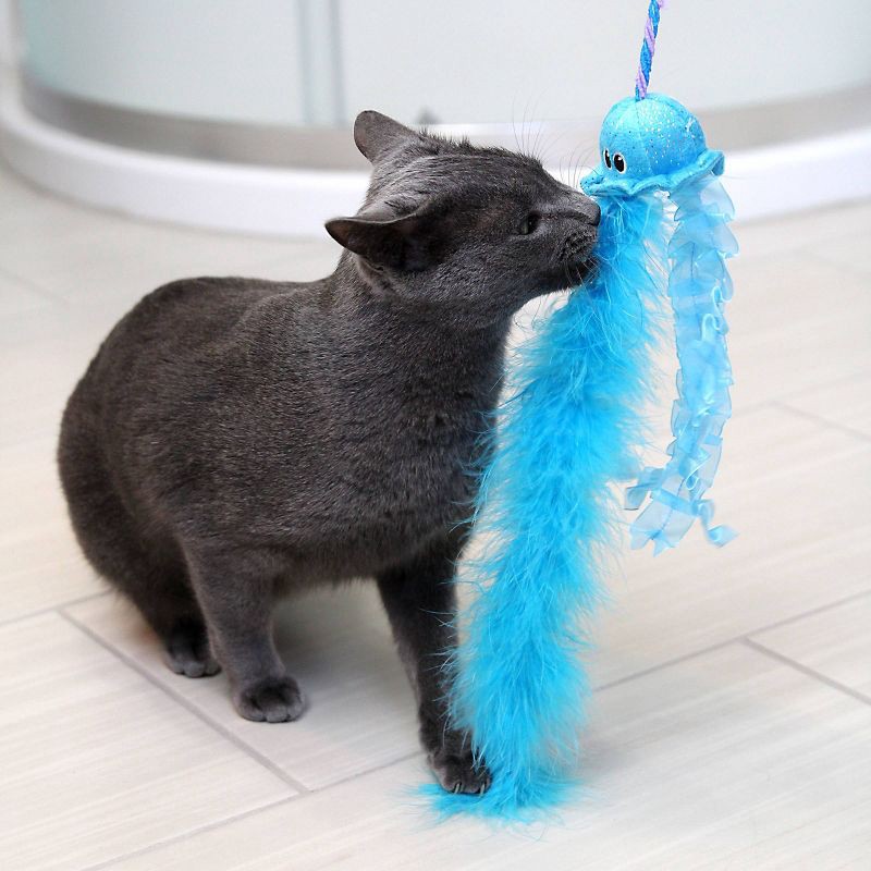 slide 4 of 5, Quirky Kitty Jiggling Jellyfish Wand Cat Toy - Blue, 1 ct