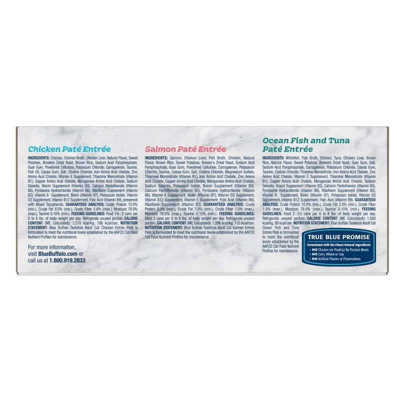 slide 2 of 11, Blue Buffalo Tastefuls Natural Pate Wet Cat Food Variety Pack with Salmon, Chicken, Ocean Fish & Tuna Entrées - 3oz/12ct, 12 ct; 3 oz