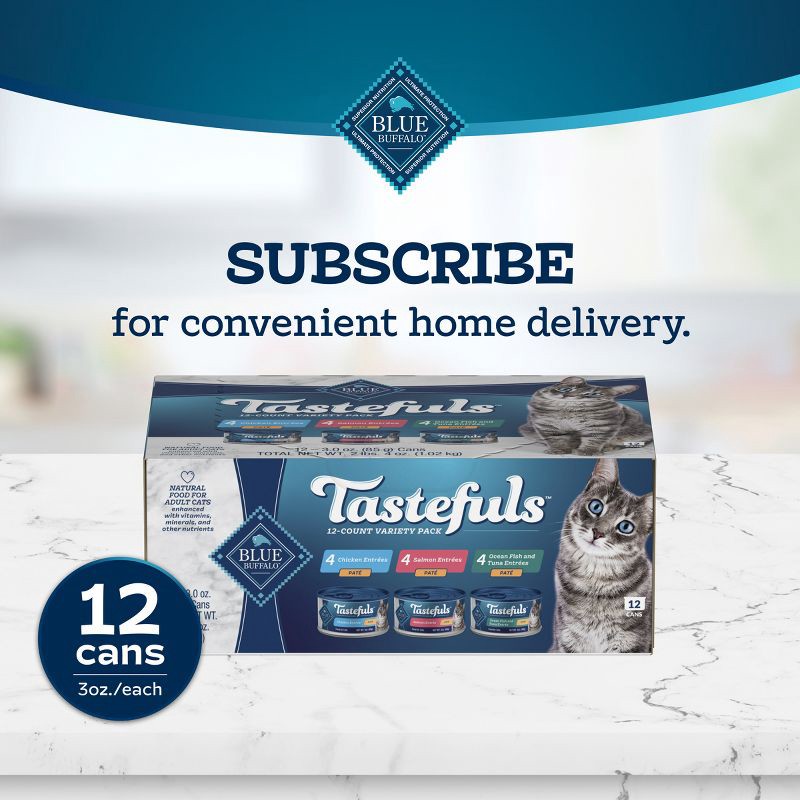 slide 11 of 11, Blue Buffalo Tastefuls Natural Pate Wet Cat Food Variety Pack with Salmon, Chicken, Ocean Fish & Tuna Entrées - 3oz/12ct, 12 ct; 3 oz