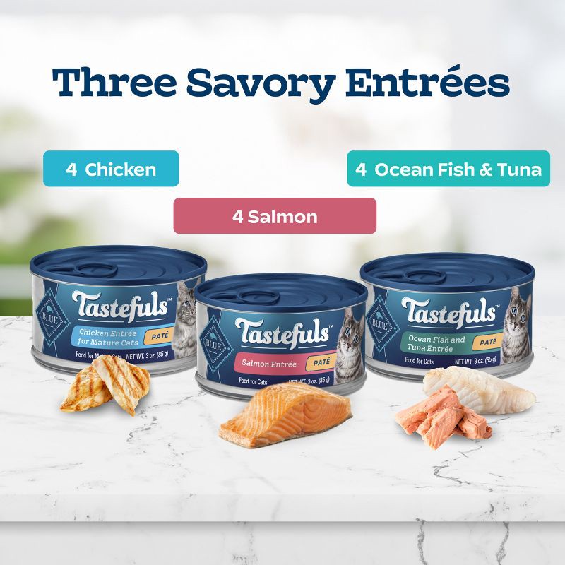 slide 4 of 11, Blue Buffalo Tastefuls Natural Pate Wet Cat Food Variety Pack with Salmon, Chicken, Ocean Fish & Tuna Entrées - 3oz/12ct, 12 ct; 3 oz