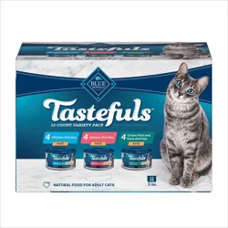 Blue Buffalo Tastefuls Natural Pate Wet Cat Food Variety Pack with Salmon, Chicken, Ocean Fish & Tuna Entrées - 3oz/12ct