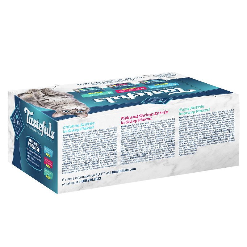 slide 2 of 10, Blue Buffalo Tastefuls Natural Flaked Wet Cat Food Variety Pack, Tuna, Chicken, Fish & Shrimp Entrées in Gravy - 3oz/12ct, 12 ct; 3 oz