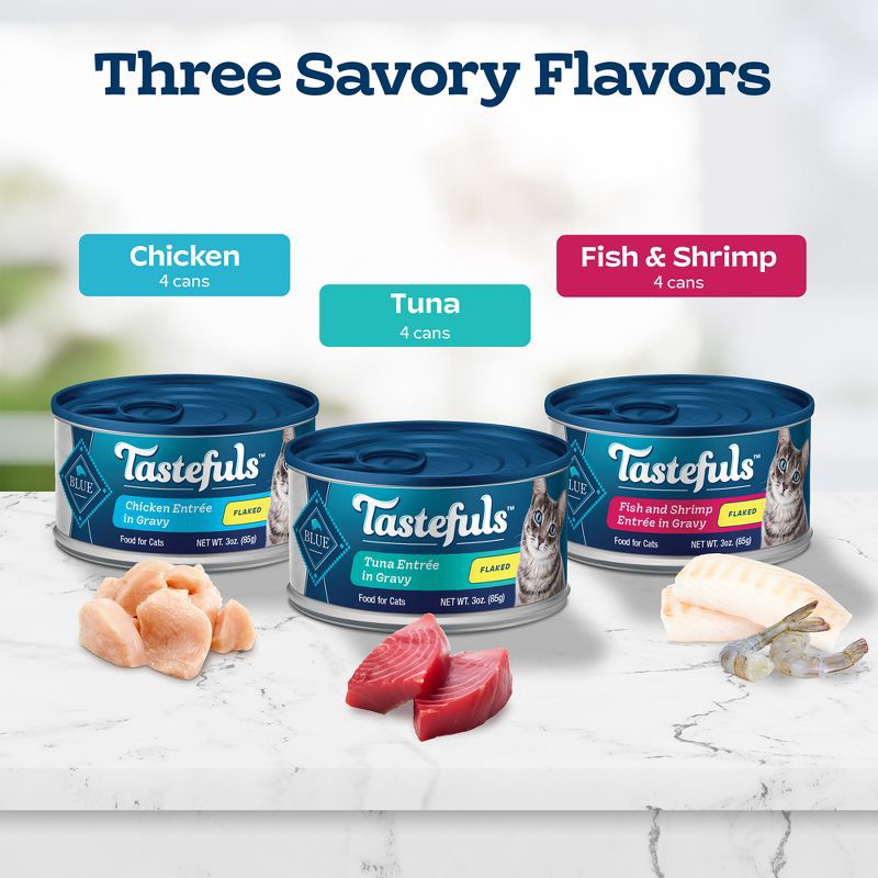 slide 4 of 10, Blue Buffalo Tastefuls Natural Flaked Wet Cat Food Variety Pack, Tuna, Chicken, Fish & Shrimp Entrées in Gravy - 3oz/12ct, 12 ct; 3 oz