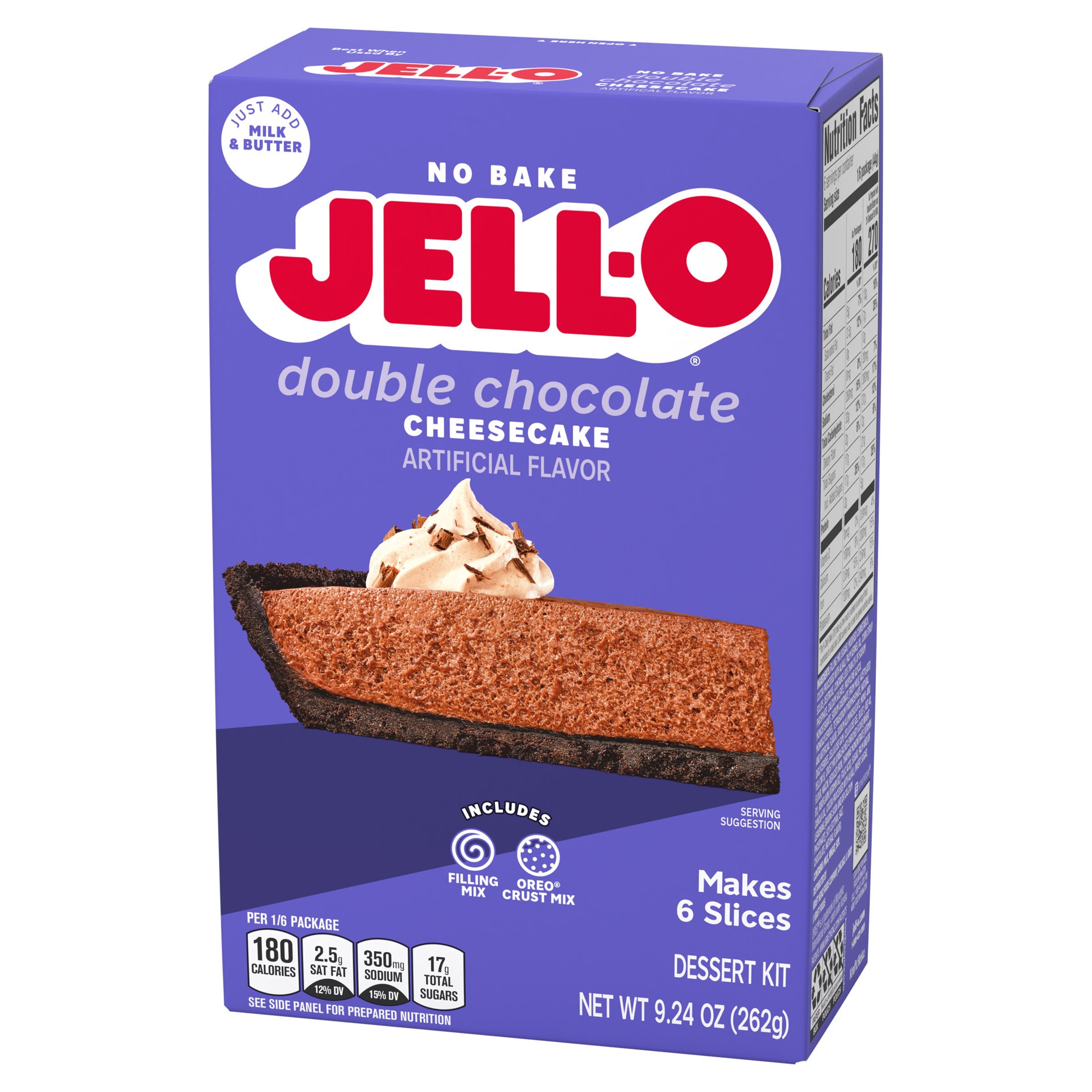 slide 5 of 5, Jell-O No Bake Double Chocolate Cheesecake Artificially Flavored Dessert Kit with Filling Mix & Crust Mix, 9.24 oz Box, 9.24 oz