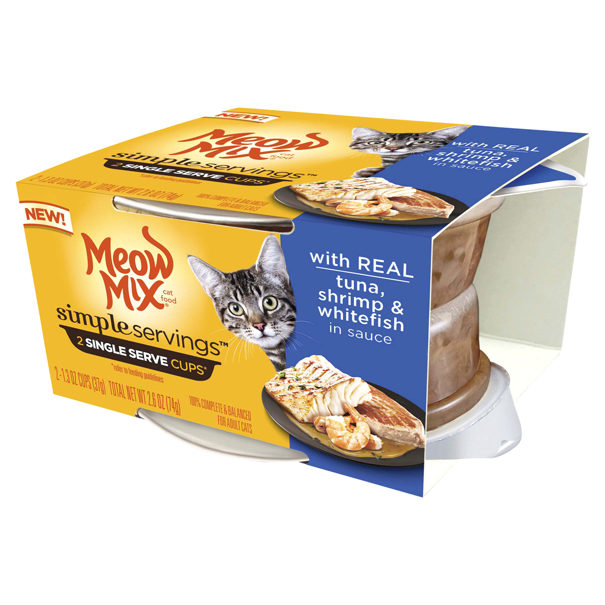 slide 1 of 1, Meow Mix Simple Servings Wet Cat Food with Real Tuna, Shrimp & Whitefish in Sauce, 2 ct; 1.3 oz