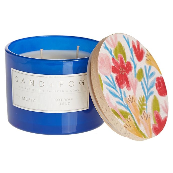 slide 1 of 1, Sand + Fog Plumeria Painted-Lid Jar Candle with Floral Design, 12 oz